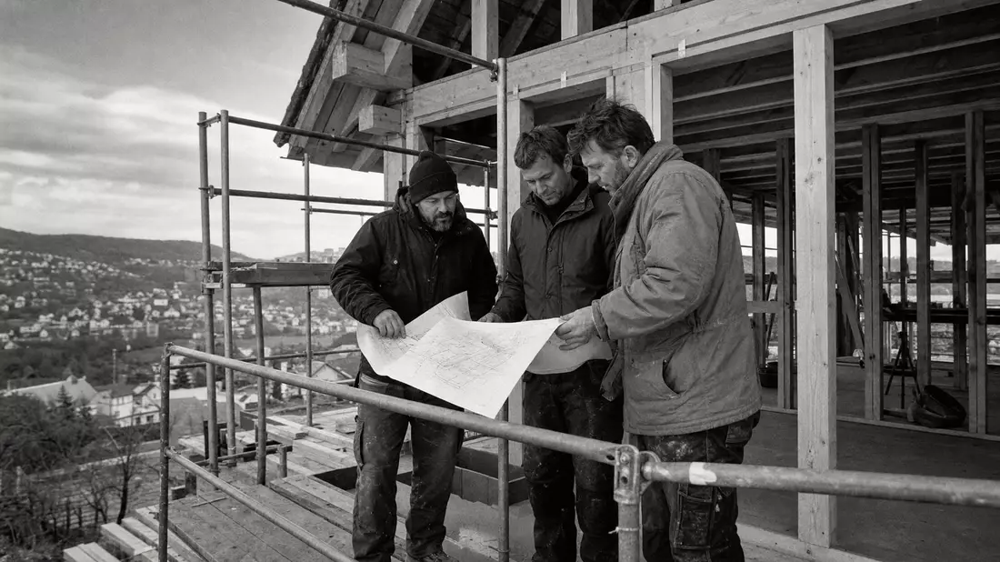 SW-Reportage von Bauarbeitern mit Bauplänen auf Gerüst einer Baustelle Stuttgart