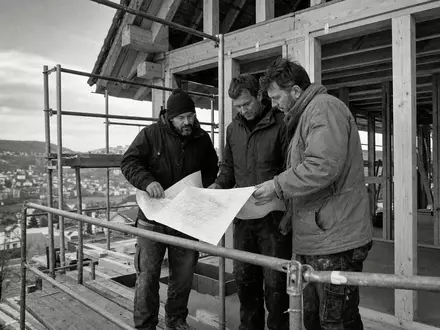 Wüstenrot & Württembergische DE0008051004: Bauarbeiter prüfen Baupläne auf Baustelle nahe Stuttgart schwarzweiß - Foto: THN