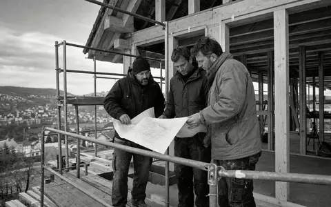 Wüstenrot & Württembergische DE0008051004: Bauarbeiter prüfen Baupläne auf Baustelle nahe Stuttgart schwarzweiß - Foto: THN