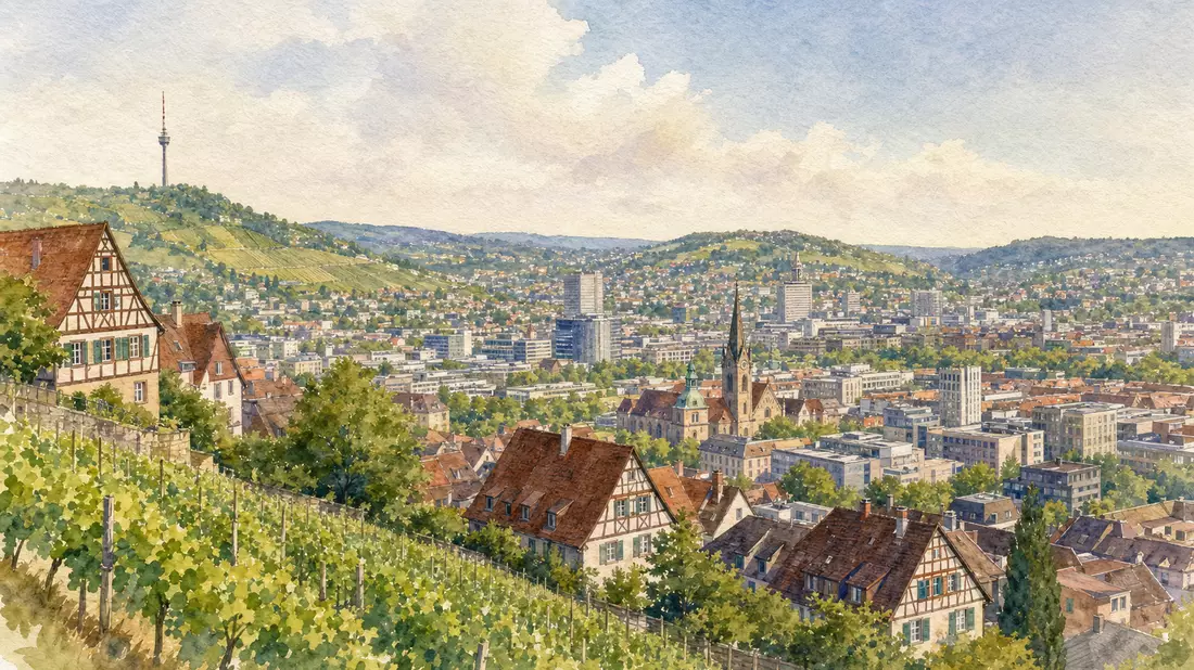 Aquarell von Stuttgart mit Weinbergen, Fachwerkhäusern und Skyline im Tal