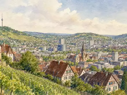 Wüstenrot & Württembergische DE0008051004: Aquarellmalerei zeigt Stuttgart mit Weinbergen und Fachwerkhäusern Württemberg - Foto: THN