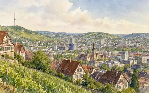 Wüstenrot & Württembergische DE0008051004: Aquarellmalerei zeigt Stuttgart mit Weinbergen und Fachwerkhäusern Württemberg - Foto: THN