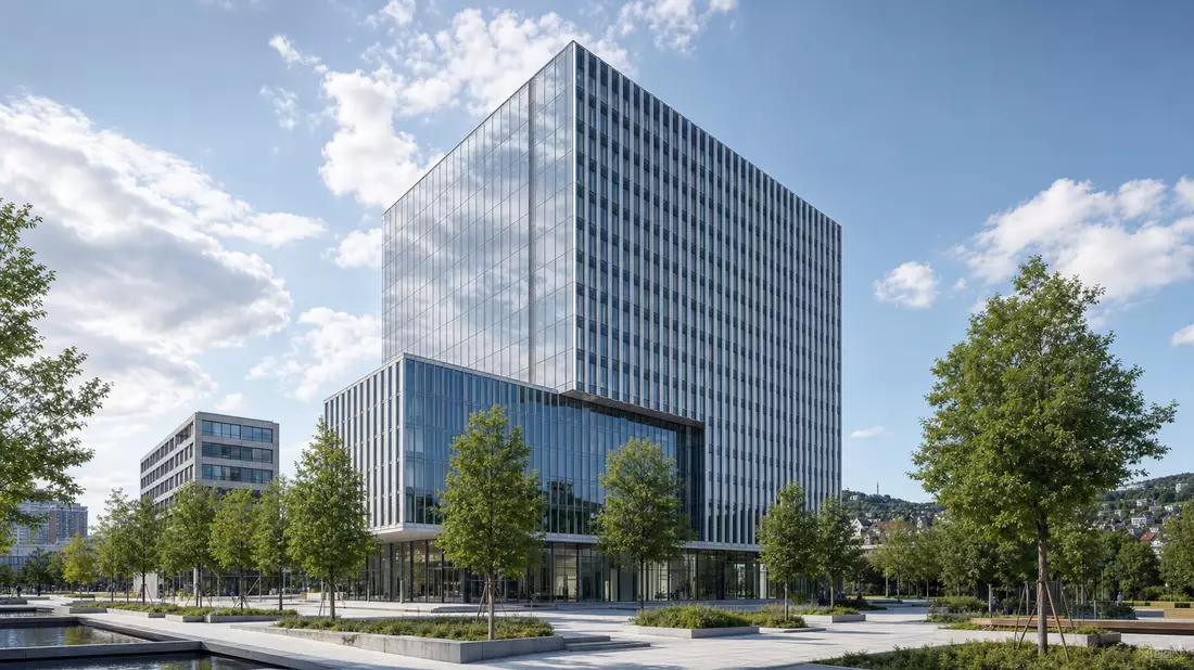 Architektur-Render eines Bürohochhauses mit Grünanlage in Stuttgart