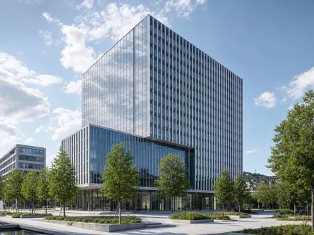 Wüstenrot & Württembergische DE0008051004: Modernes Glas-Hochhaus als Firmensitz-Render in Stuttgart, Baden-Württemberg, symbolisiert Finanzdienstleistungen - Foto: THN