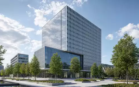 Wüstenrot & Württembergische DE0008051004: Modernes Glas-Hochhaus als Firmensitz-Render in Stuttgart, Baden-Württemberg, symbolisiert Finanzdienstleistungen - Foto: THN