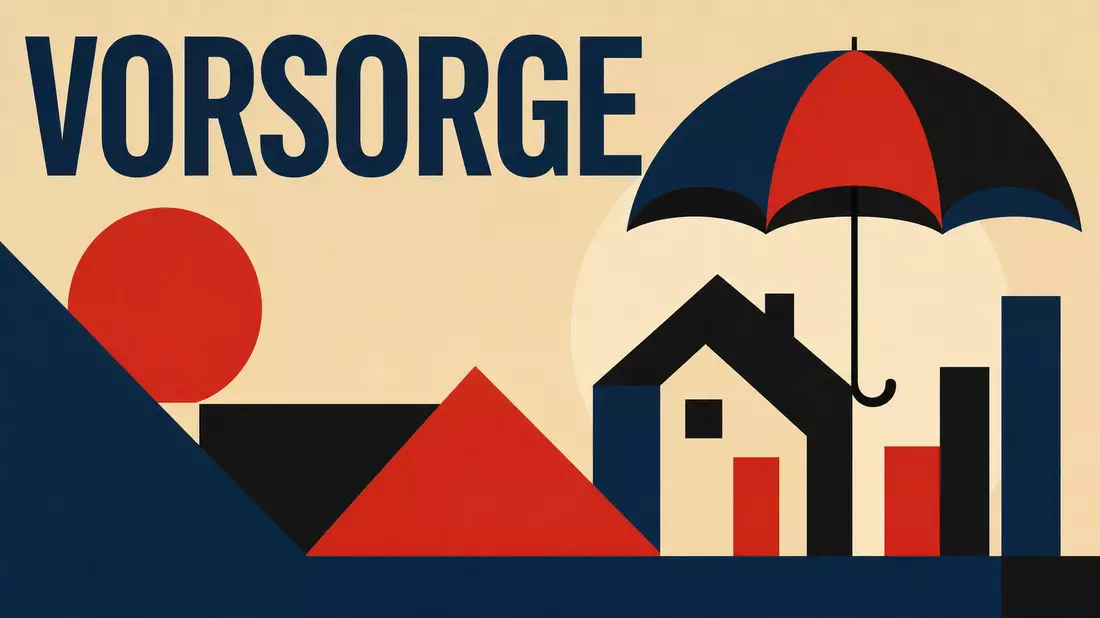 Bauhaus-Poster mit Haus, Schirm und Schriftzug VORSORGE in geometrischen Formen