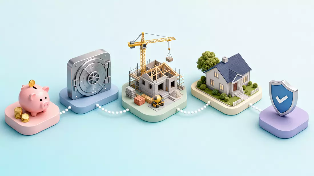 Isometrische 3D-Illustration der Kette von Sparschwein bis Versicherungsschild