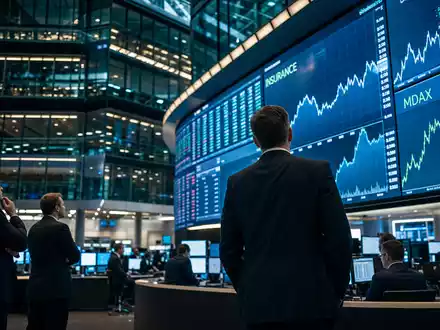 Wüstenrot & Württembergische DE0008051004: Trading-Floor mit Versicherungs-Charts und MDAX-Kürzel in Frankfurt am Main sichtbar - Foto: THN