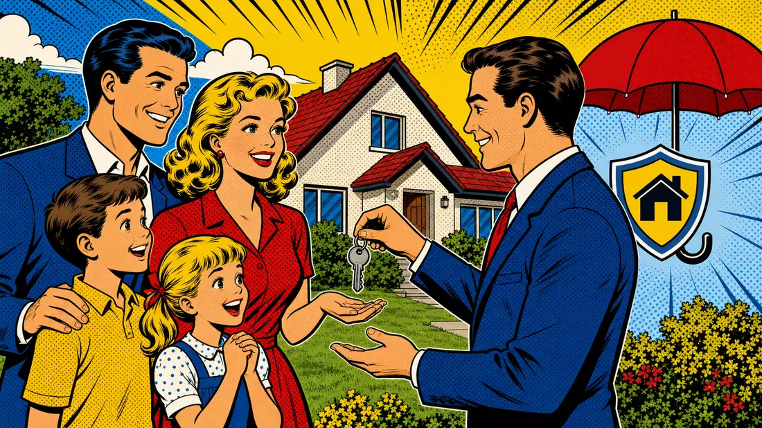 Pop-Art-Comic einer Familie, die Hausschlüssel von Berater mit Schutzschild erhält