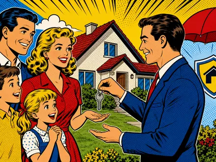 Wüstenrot & Württembergische DE0008051004: Pop-Art-Comic zeigt fröhliche Familie, die Hausschlüssel von Versicherungsberater überreicht bekommt - Foto: THN