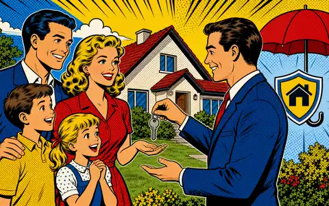 Wüstenrot & Württembergische DE0008051004: Pop-Art-Comic zeigt fröhliche Familie, die Hausschlüssel von Versicherungsberater überreicht bekommt - Foto: THN
