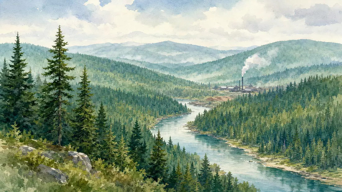 Aquarellbild von Nadelwaldtal mit Fluss und fernem Sägewerk in Pastellfarben
