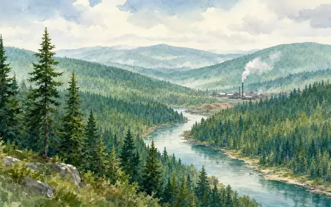 Aquarellmalerei illustriert Waldlandschaft und Sägewerk der Weyerhaeuser Co., ISIN US9621661043, in sanften Farben - Foto: THN
