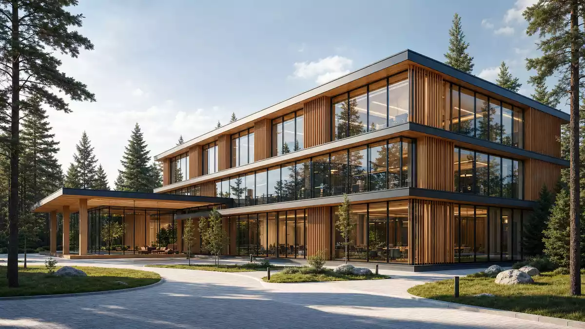 Modernes Holz-Glas-Bürogebäude umgeben von hohen Nadelbäumen bei Tageslicht