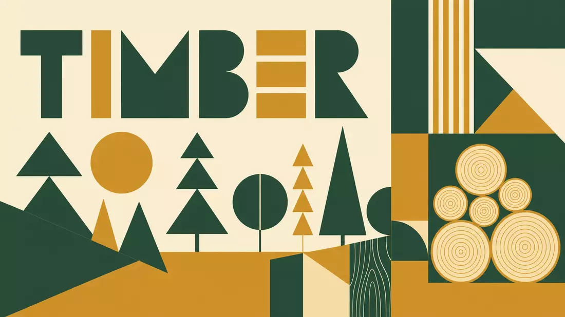 Geometrisches Bauhaus-Poster mit Baumformen und Schriftzug TIMBER in Grün und Ocker
