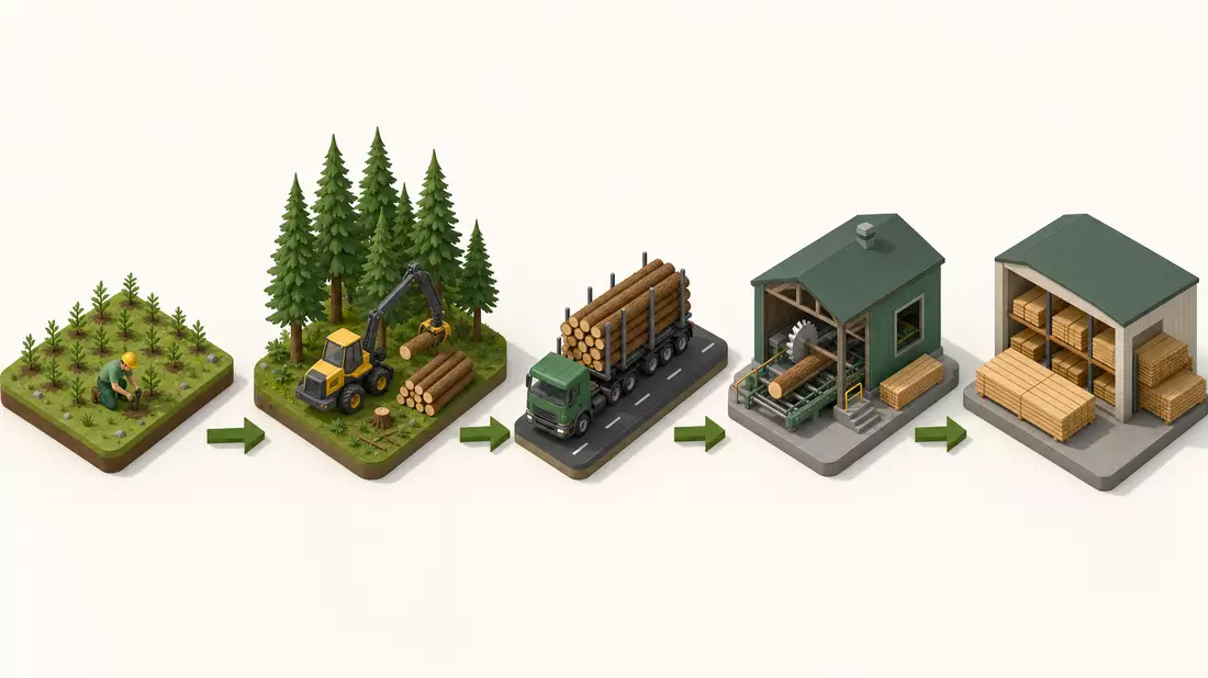 Isometrische 3D-Grafik der Holz-Wertschöpfungskette von Anpflanzung bis Lagerhalle