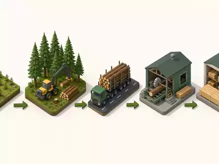 Isometrisches 3D-Diagramm zeigt Wertschöpfungskette der Weyerhaeuser Co. (ISIN US9621661043) vom Baum zum Bauholz - Foto: THN