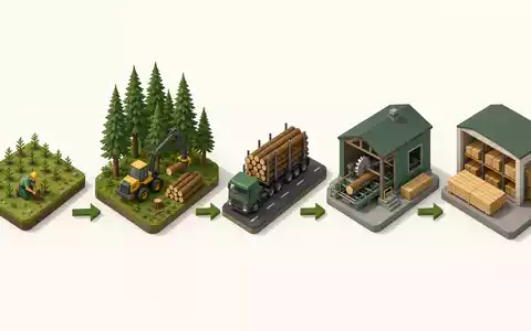 Isometrisches 3D-Diagramm zeigt Wertschöpfungskette der Weyerhaeuser Co. (ISIN US9621661043) vom Baum zum Bauholz - Foto: THN