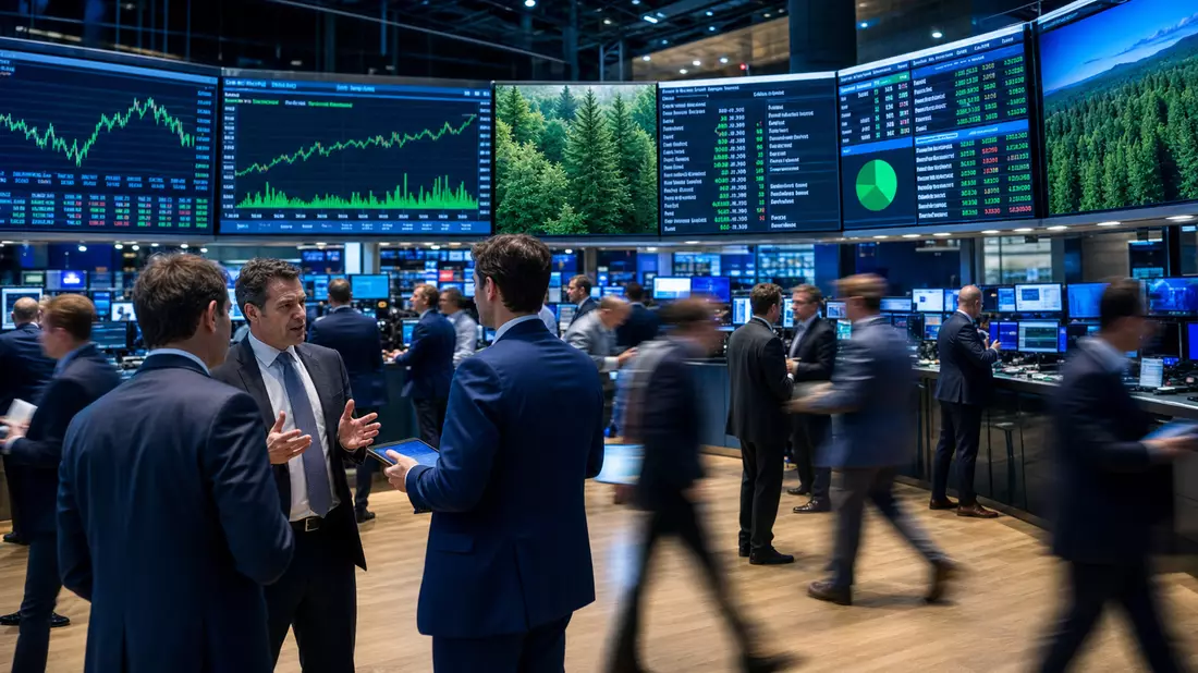 Trading-Floor mit Bildschirmen und Kursdaten, Händler diskutieren im Vordergrund