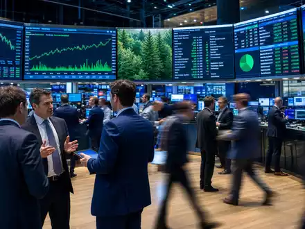 Börsen-Editorial mit Trading-Floor und Forstwirtschafts-Charts bezieht sich auf Weyerhaeuser Co., ISIN US9621661043 - Foto: THN
