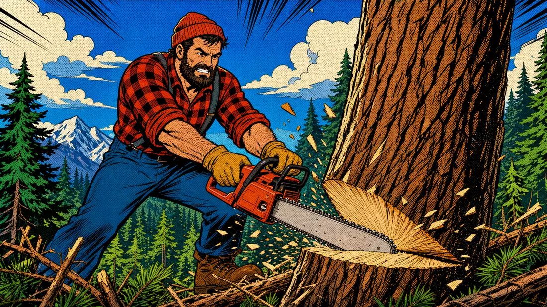 Bunte Comic-Illustration eines Holzfällers mit Kettensäge im stilisierten Wald