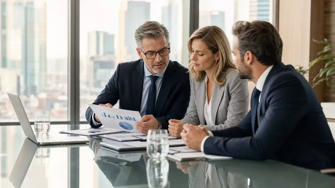 Beratungsteam bespricht Charts am Tisch, Skyline-Fenster im Hintergrund