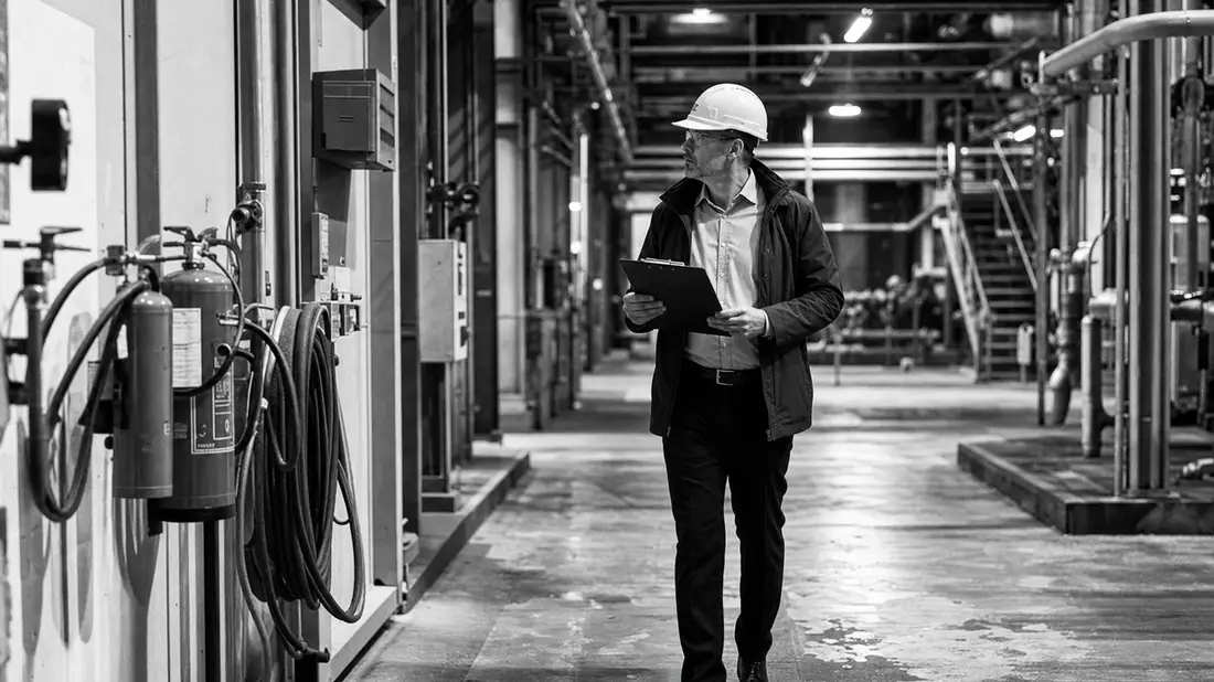 SW-Foto: Inspekteur mit Klemmbrett und Helm in Industriehalle