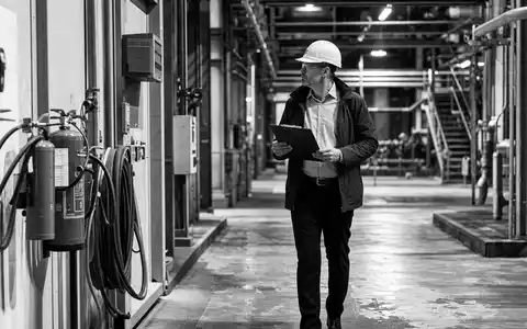 Willis Towers Watson (GB00BGSZ2X45): dokumentarische Schwarzweiß-Reportage eines Risikoberaters bei Sicherheitsinspektion in einer großen Industrieanlage - Foto: THN