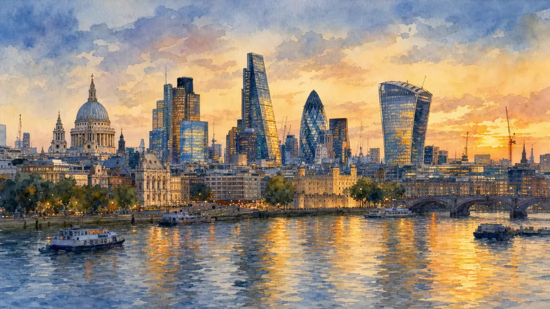 Aquarell der Londoner Skyline mit Themse und warmem Abendlicht