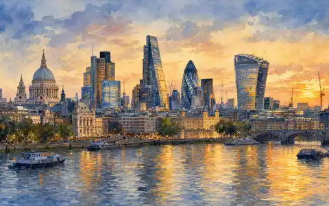 Willis Towers Watson (GB00BGSZ2X45) inspiriert durch stimmungsvolles Aquarellbild der Londoner Finanzdistrikt-Skyline bei Sonnenuntergang am Fluss - Foto: THN