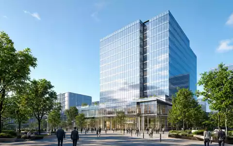 Willis Towers Watson (GB00BGSZ2X45) symbolisiert durch modernes Architektur-Render eines Glas-Bürohochhauses mit belebtem, grünem Vorplatz - Foto: THN