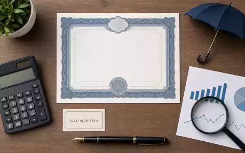 Willis Towers Watson (GB00BGSZ2X45): stilvolles Flatlay mit Aktienzertifikat, ISIN-Karte, Lupe und kleinem Versicherungsschirm auf Holztisch - Foto: THN
