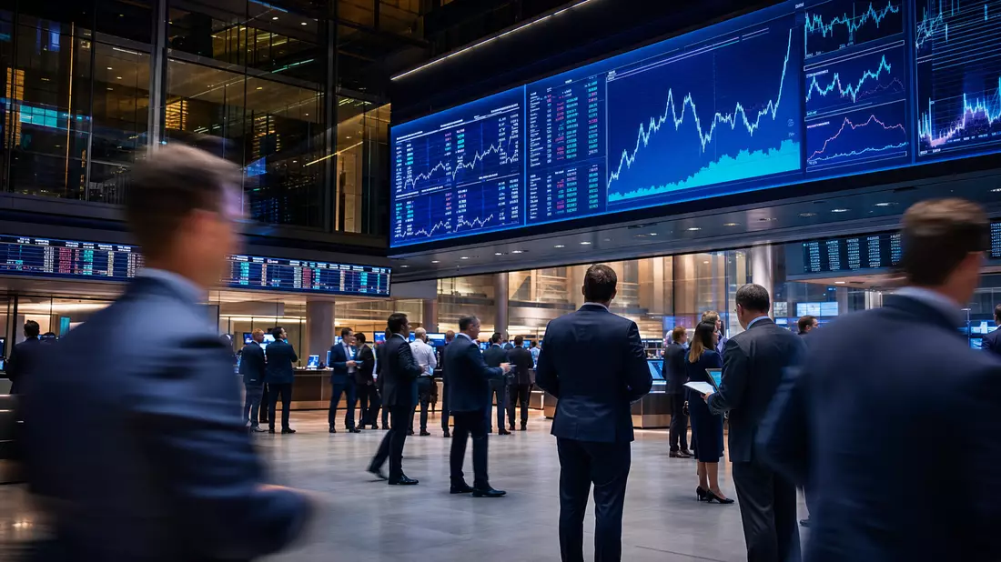 Trading-Floor mit großen Bildschirmen und Aktiencharts in London