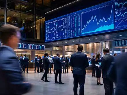 Willis Towers Watson (GB00BGSZ2X45): dynamisches Börsen-Editorial mit Handelssaal in London und sektorspezifischen Aktiencharts auf Bildschirmen - Foto: THN