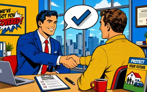 Willis Towers Watson (GB00BGSZ2X45) als Pop-Art-Comic: fröhlicher Versicherungsmakler schüttelt Kundenhand im bunten, modernen Büro - Foto: THN