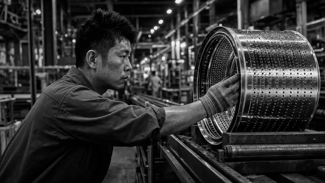 Schwarzweiß-Reportagefoto eines Arbeiters bei Inspektion einer Metalltrommel