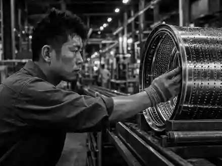 Whirlpool Corp. (US9633201069) fertigt Konsumgüter, dokumentarisches Schwarzweißfoto zeigt Arbeiter bei Qualitätskontrolle einer Trommel - Foto: THN