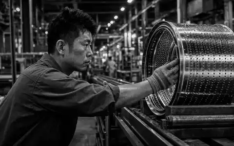 Whirlpool Corp. (US9633201069) fertigt Konsumgüter, dokumentarisches Schwarzweißfoto zeigt Arbeiter bei Qualitätskontrolle einer Trommel - Foto: THN