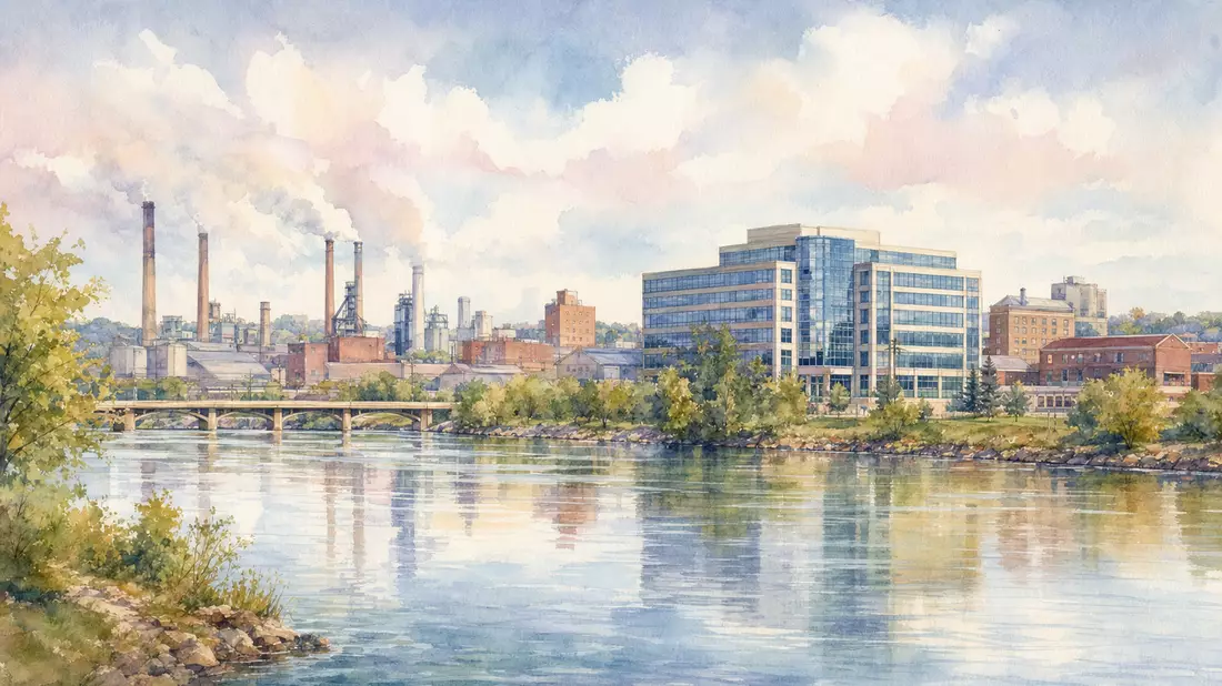 Aquarellmalerei einer Industriestadt mit Fabrikschornsteinen und Firmensitz am Fluss