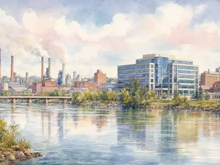 Whirlpool Corp. (US9633201069) hat Wurzeln im industriellen Mittleren Westen, gezeigt als Aquarellbild einer Flussstadt - Foto: THN