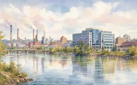 Whirlpool Corp. (US9633201069) hat Wurzeln im industriellen Mittleren Westen, gezeigt als Aquarellbild einer Flussstadt - Foto: THN