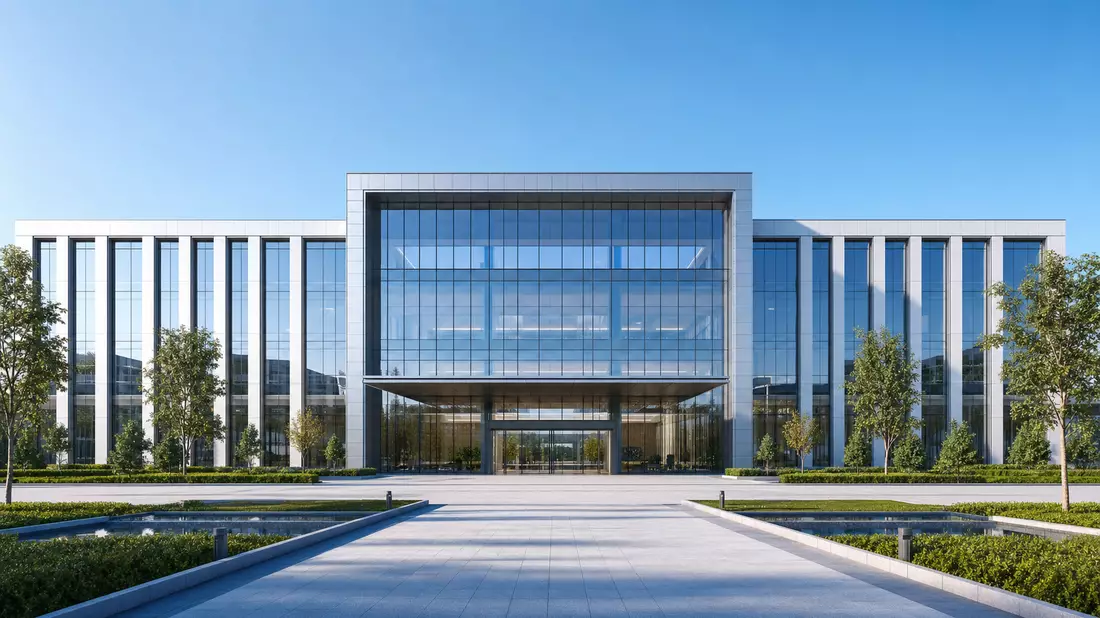 Architektur-Render einer modernen Firmenzentrale mit Glasfassade und Wasserbecken