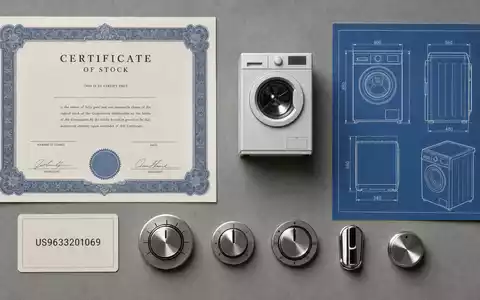 Whirlpool Corp. (US9633201069) als Investment dargestellt in einem Flatlay mit Aktienzertifikat, ISIN-Karte und Waschmaschinen-Modell - Foto: THN