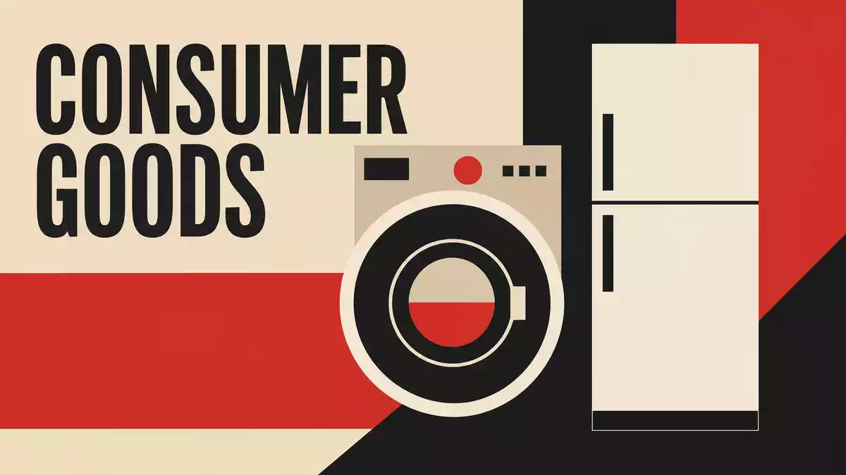 Geometrisches Bauhaus-Poster mit Waschmaschine, Kühlschrank und Text CONSUMER GOODS