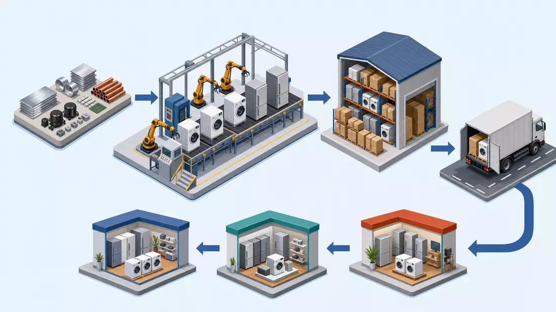 Isometrische 3D-Grafik der Wertschöpfungskette von Fabrik bis Einzelhandelsgeschäft