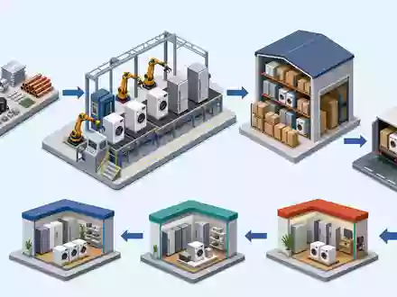 Whirlpool Corp. (US9633201069) betreibt globale Lieferketten, dargestellt als isometrische 3D-Grafik von Fertigung bis zum Einzelhandel - Foto: THN
