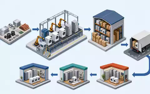 Whirlpool Corp. (US9633201069) betreibt globale Lieferketten, dargestellt als isometrische 3D-Grafik von Fertigung bis zum Einzelhandel - Foto: THN