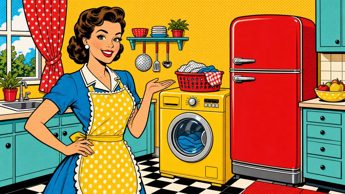 Pop-Art-Comicszene mit Hausfrau, gelber Waschmaschine und rotem Kühlschrank