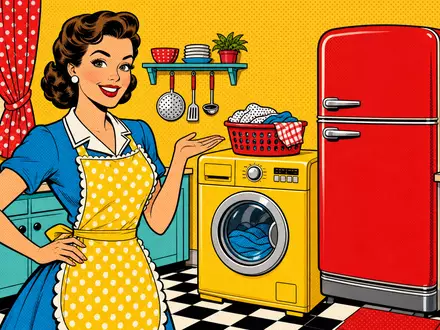 Whirlpool Corp. (US9633201069) prägt den Haushaltsalltag, verspielt inszeniert als farbenfrohe Pop-Art-Comic-Küchenszene mit Haushaltsgeräten - Foto: THN