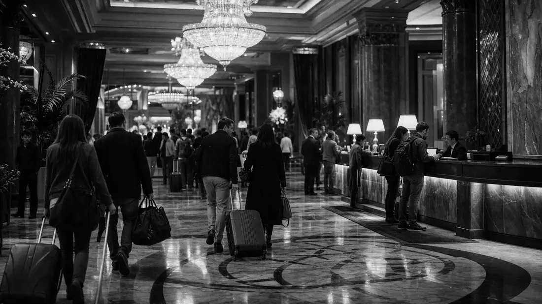 Schwarzweiß-Reportagefoto einer belebten Hotel-Lobby mit Kronleuchtern